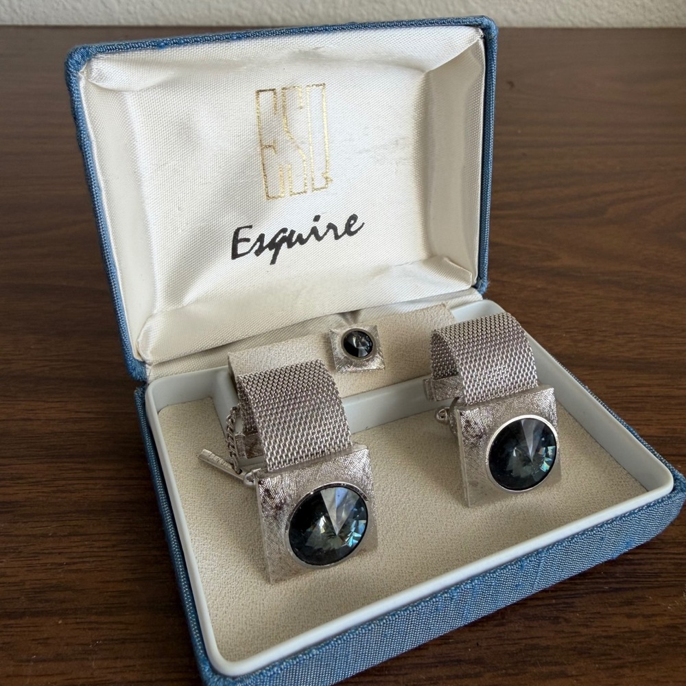 Vintage Esquire Dante Rivoli Rhinestone Mesh Cufflinks Tie Tack Set Silver Tone
